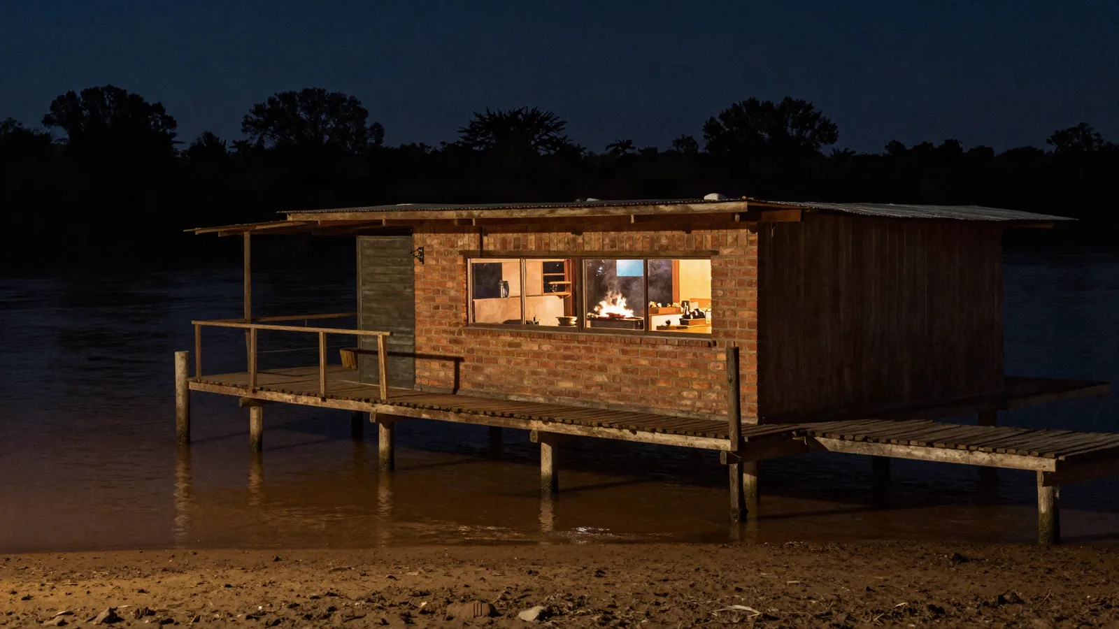 La fachada de Camalote de noche, a la orilla del río, con la parrilla encendida detrás del ventanal.