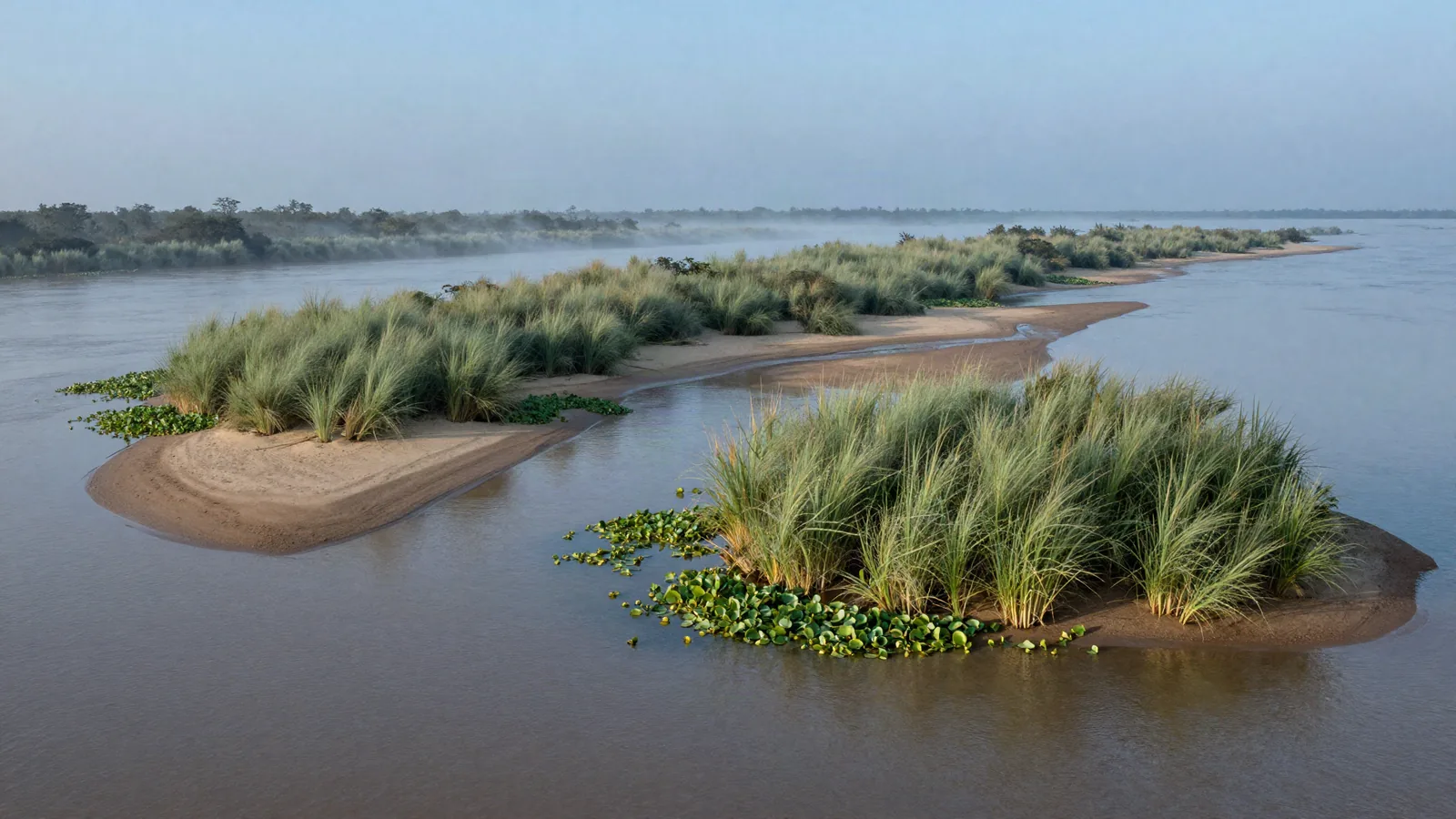 Las islas del Paraná con el río bajo, con bancos de arena a la vista y camalotes a la deriva.