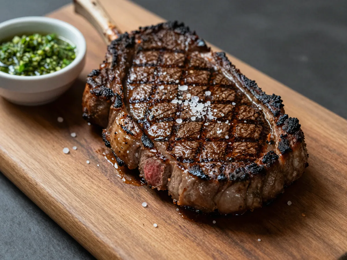 Ojo de bife a la parrilla, cortado, sobre una tabla de madera oscura.