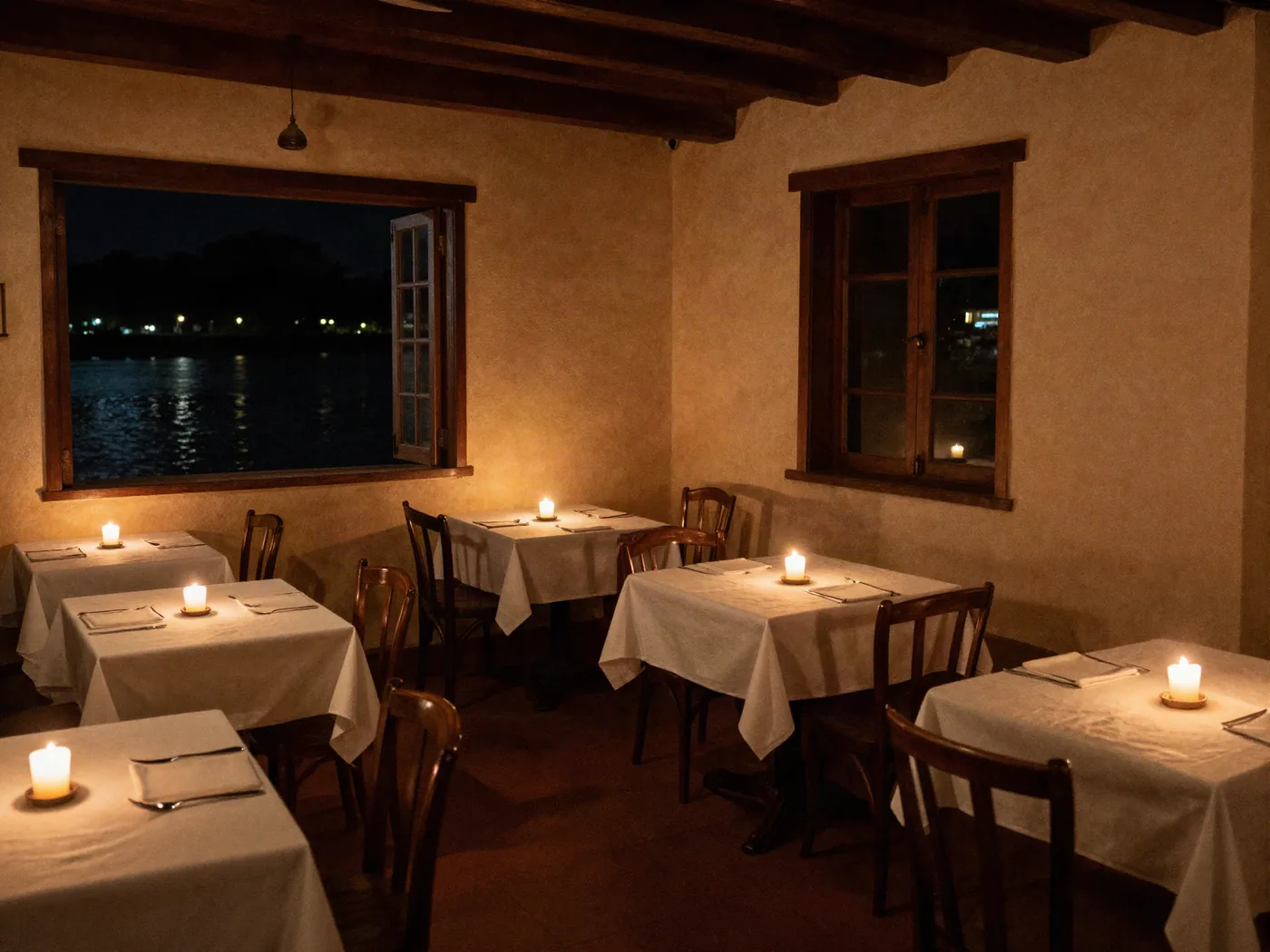 El salón de Camalote de noche, con las mesas puestas y velas encendidas.